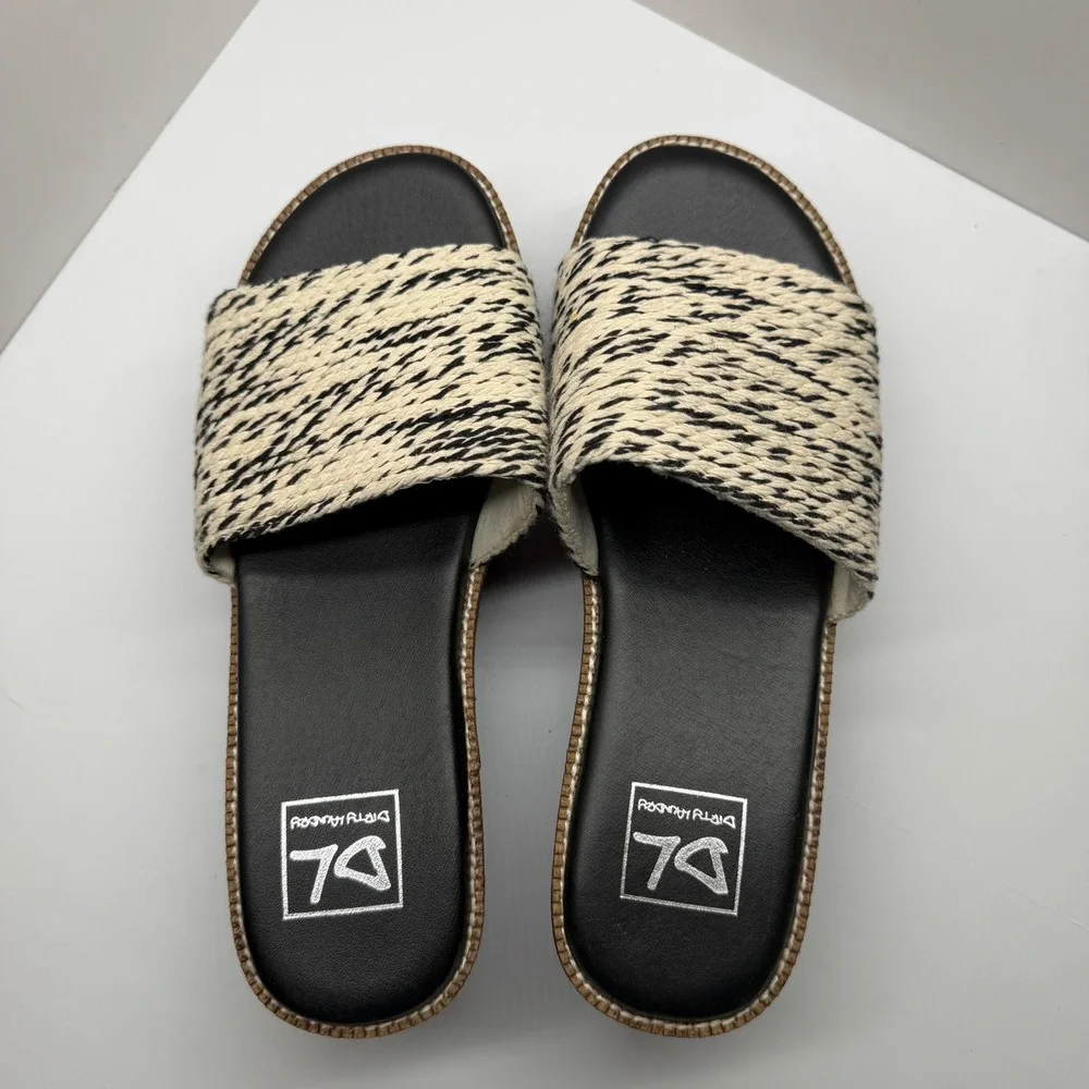Dirty Laundry‎ Womens Platform Slide Sandals Black White Woven Strap Wedge 7.5